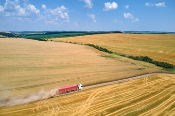 Aerial view of cargo truck driving on dirt road between agricultural wheat fields making lot of...