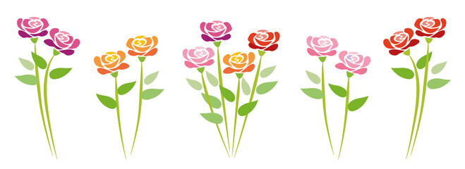 Fototapeta na wymiar Isolated vector graphic illustration of stylized blooming roses with different colors, red, pink, yellow, purple, single and as a bouquet