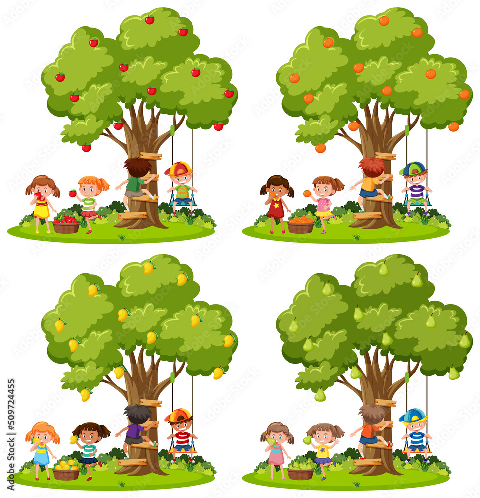 Sticker Set of kids playing swing under trees