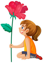 A girl with a big red flower cartoon