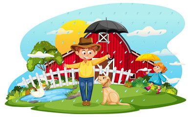 Obraz na płótnie Canvas Rainy farm scene with cartoon character