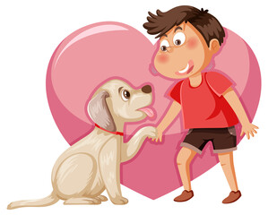 A boy playing with dog on heart background