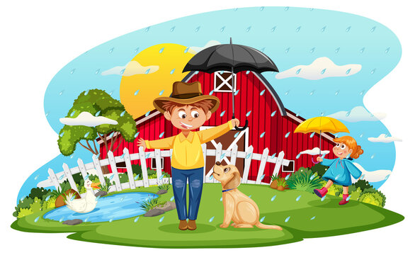 Rainy farm scene with cartoon character