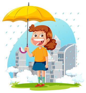 Rainy day with a girl cartoon character