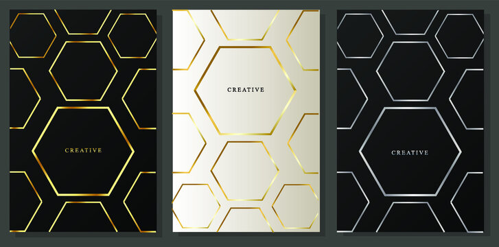 Luxury gold and silver covers. Metallic hexagonal shapes on black and white background. Elegant set of brochures, banners, invitations. vector template
