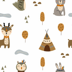 Seamless pattern with hand drawn cute forest animals: deer, rabbit, owl. Boho style vector illustration isolated on white background