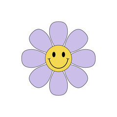 Groovy retro flowers daisy. Hippie psychedelic sticker in 1970 style. Vector Disco flower with face isolated on white background
