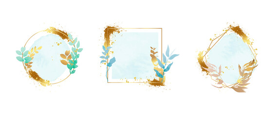 Luxury botanical gold wedding frame elements on white background. Set of geometric shapes, glitters, eucalyptus, leaf branches. Elegant watercolor foliage for wedding, card, invitation, greeting.