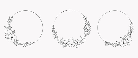 Minimal botanical wedding frame elements on white background. Set of circle shapes, flowers, leaf branches in hand drawn pattern. Foliage line art design for wedding, card, invitation, greeting. - obrazy, fototapety, plakaty