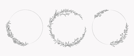 Minimal botanical wedding frame elements on white background. Set of circle shapes, flowers, leaf branches in hand drawn pattern. Foliage line art design for wedding, card, invitation, greeting.