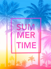 summer time illustration with palm trees and sunset