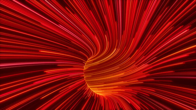 Red, Orange and White Colored Streaks form Colorful Neon Lights Tunnel. 3D Render.