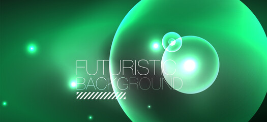 Shiny neon geometric abstract background. Glowing lights on round shapes, triangles and circles. Wallpaper for concept of AI technology, blockchain, communication, 5G, science, business