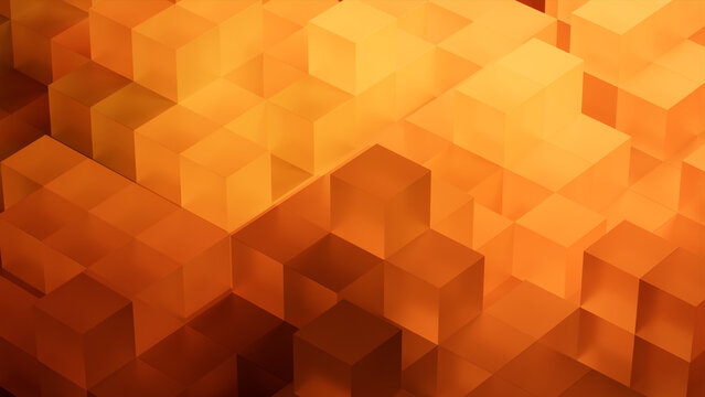 Precisely Constructed Translucent Blocks. Orange and Yellow, Contemporary Tech Wallpaper. 3D Render.