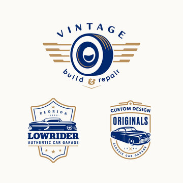 Set Of Logo Templates. Vintage Style Vector Illustration Element For Retro Design Label. Suitable For Garage, Shops, Tires, Car Wash, Car Restoration, Repair And Racing.