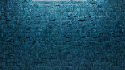 Blue Patina, Textured Wall background with tiles. Polished, tile Wallpaper with Square, 3D blocks. 3D Render