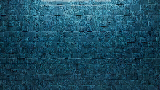 Blue Patina, Textured Wall background with tiles. Polished, tile Wallpaper with Square, 3D blocks. 3D Render
