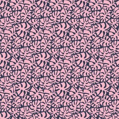 Pink monstera leaves on dark blue seamless pattern vector. Cartoon jungle night floral endless texture. Minimalist exotical surface design with hand-drawn tropical leaves vector