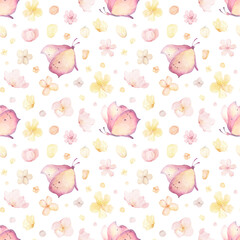 Watercolor hand drawn floral seamless pattern with illustration of colorful exotic butterflies, flowers, dots. Pink, blue, yellow, green elements isolated on white background. Spring wallpaper