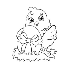 Cute chick wishes happy easter. Coloring book page for kids. Cartoon style character. Vector illustration isolated on white background.