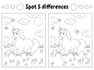 Find five differences. Coloring page for kids. Activity worksheet for children. Vector illustration isolated on white background.