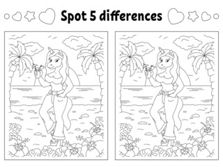 Fototapeta na wymiar Find five differences. Coloring page for kids. Activity worksheet for children. Vector illustration isolated on white background.