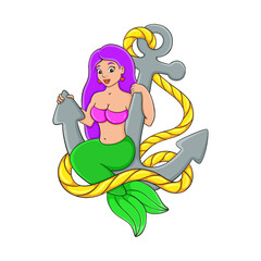 A beautiful mermaid sits at anchor. Cartoon character. Colorful vector illustration. Isolated on white background. Design element. Template for your design, books, stickers, cards.
