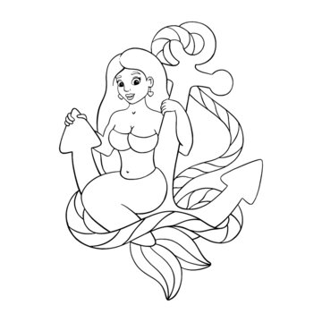 A beautiful mermaid sits at anchor. Coloring page for kids. Digital stamp. Cartoon style character. Vector illustration isolated on white background.