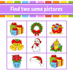 Find two same pictures. Task for kids. Education developing worksheet. Activity page. Color game for children. Funny character. Isolated vector illustration. cartoon style. Christmas theme.