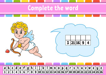 Complete the words. Cipher code. Learning vocabulary and numbers. Education worksheet. Activity page for study English. Isolated vector illustration. cartoon character.
