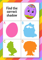 Find the correct shadow. Easter theme. Education developing worksheet for kids. Puzzle game. Activity page. cartoon character. Vector illustration.