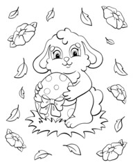 A cute rabbit holds an Easter egg in its paws. Coloring book page for kids. Cartoon style character. Vector illustration isolated on white background.