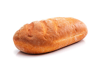 Freshly baked long loaf of bread isolated on white background. Full depth of field.