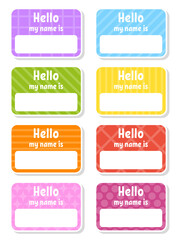 Hello name badge. Bright stickers. Rectangular label. Color vector isolated illustration.