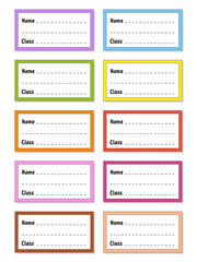 Back to school labels. Set stickers for notebook. Name and class. Bright stickers. Rectangular label. Color vector isolated illustration.
