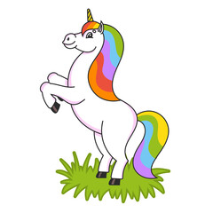 The magical unicorn reared up. The animal horse stands on its hind legs. Cartoon style. Simple flat vector illustration.
