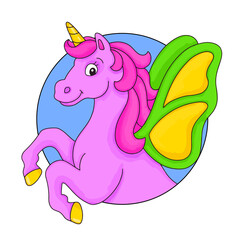 Magic unicorn. Fairy horse. Cartoon character. Colorful vector illustration. Isolated on white background. Design element. Template for your design, books, stickers, cards.