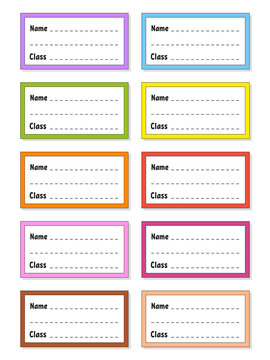 Back to school labels. Set stickers for notebook. Name and class. Bright stickers. Rectangular label. Color vector isolated illustration.
