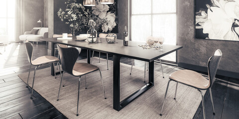 Table Group Inside a Loft Apartment - panoramic black and white  3D Visualization