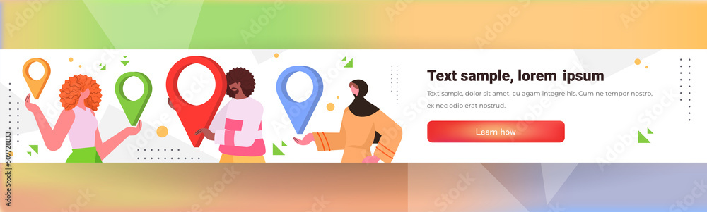 Poster people using online navigation app on digital devices man woman exploring route with location pin gp