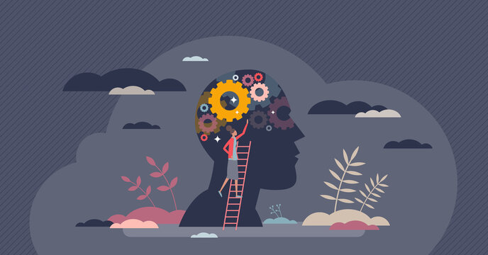 Intelligence and smart brain power for wisdom learning tiny person concept. Education as personal development and mind training vector illustration. Psychological research and mental self reflection .