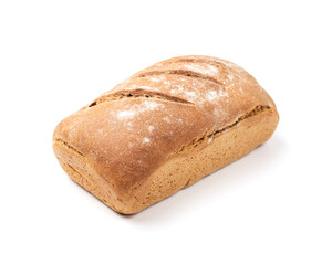 Lush loaf of rye bread isolated on a white background. Homemade baking.