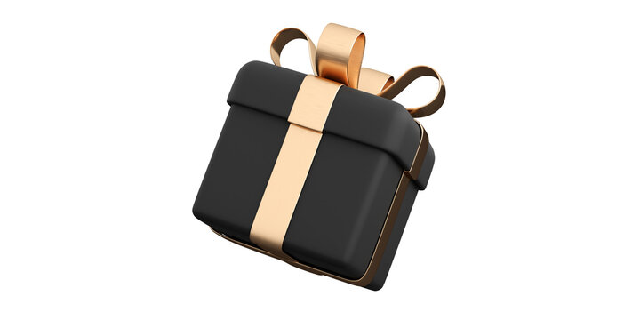 Realistic black gift box with golden ribbon bow. Concept of abstract holiday, birthday or wedding present or surprise. 3d high quality isolated render
