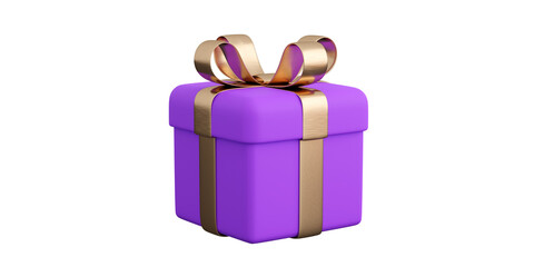 Realistic violet gift box with golden ribbon bow. Concept of abstract holiday, birthday or wedding present or surprise. 3d high quality isolated render