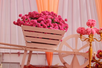 Elegant Wooden Cart With Pink Rose Flowers