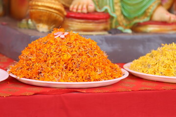 White Plates With Fresh Orange Petals Of Marigold Flowers.