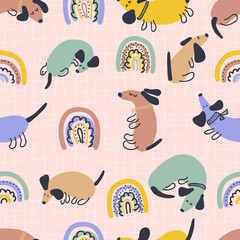 Hippie aesthetic seamless pattern with dachshunds and rainbows. Groovy background for T-shirt, poster, card and print. Doodle vector illustration for decor and design.