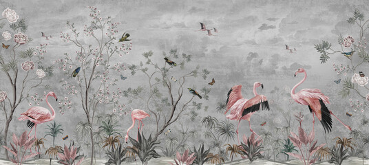 wallpaper jungle pattern  and tropical forest flamngo and tropical birds, old drawing vintage grey - obrazy, fototapety, plakaty