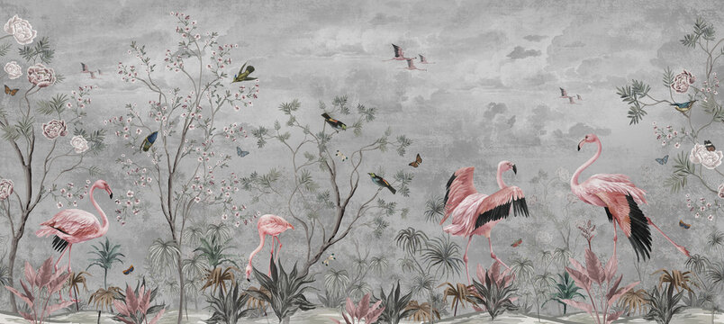 wallpaper jungle pattern  and tropical forest flamngo and tropical birds, old drawing vintage grey