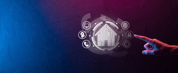 Businessman hold house icon.Smart home controlled, intelligent house, and home automation app...